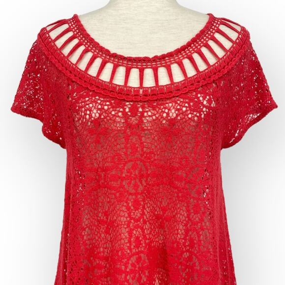 FREE PEOPLE Coral Red Eyelet Cut Out Sheer Boho Mini Dress Size Medium Cover Up - Picture 2 of 6
